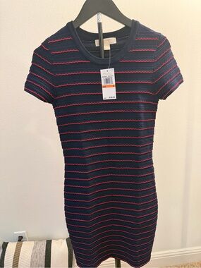 Michael Kors Navy Knit Bodycon Dress with Red Scalloped Stripes SIZE SMALL